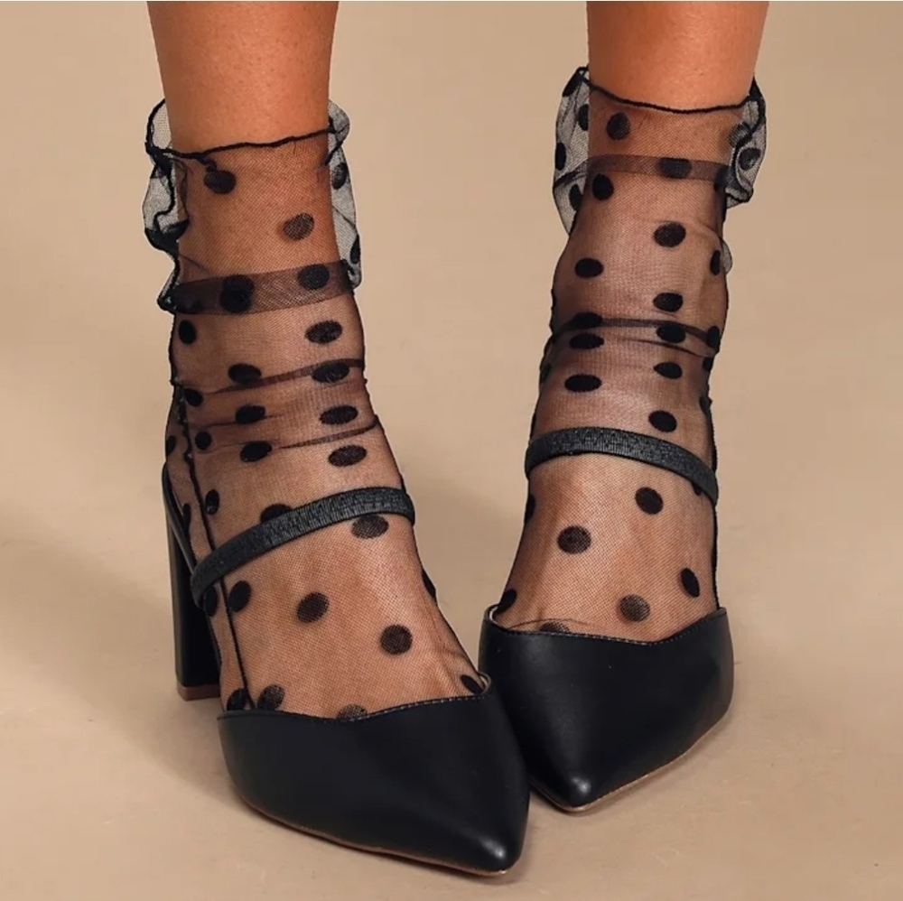Elegant Black Sheer Polka-dot Mesh Mid-Calf/Ankle Socks with Back Seam